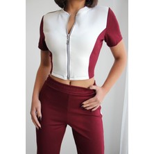 Ded Collection Kadın Hakim Yaka Fermuarlı ve Garnili Crop Üst Alt Modal Takım