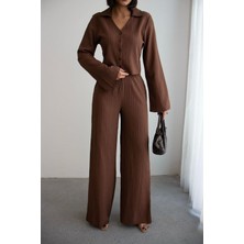 Ded Collection Kadın Krinkıl Kumaş Düğmeli Gömlek ve Yüksek Bel Bol Paça Pantolon Takım