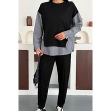 Ded Collection Kadın Çizgili Uzun Kollu Gömlek Detaylı Yuvarlak Yaka Sweatshirt Modal Takım
