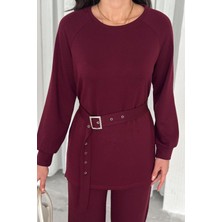 Ded Collection Kadın Modal Kumaş Kemer Detaylı Uzun Kollu Tunik Bol Paça Pantolon Takım