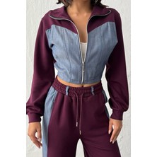 Ded Collection Kadın Denim Detaylı Garnili Fermuarlı Crop Ikili Takım