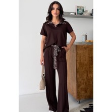 Ded Collection Kadın Yakası ve Kemeri Leopar Detaylı Kısa Kol Modern Modal Takım