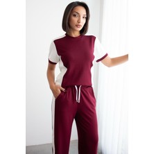 Ded Collection Kadın Kısa Kol Renk Bloklu Garnili ve Şerit Detaylı Rahat Modal Takım
