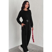 Ded Collection Kadın Modal Kumaş Kemer Detaylı Uzun Kollu Tunik Bol Paça Pantolon Takım