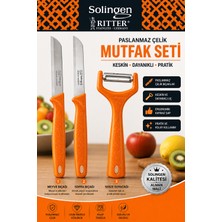 Solingen Ritter 3'lü Paslanmaz Çelik Mutfak Seti Bıçak ve Sebze Soyacağı Turuncu