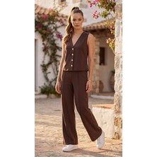 Ded Collection Kadın V Yaka Gold Düğme Detaylı Yelek Pantolon Modal Takım