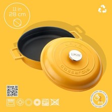 Gndz Store Lava Metal Spring Serisi - Döküm Çok Amaçlı Tencere, Yuvarlak, 28 Cm, Mat, Parlak Siyah Taban, Sarı, Kubbe Kapak