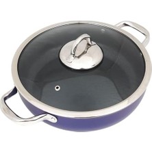 Gndz Store Titanium 24CM Sığ Tencere, Çelik Kulp, Özel Çerçeveli Cam Kapak Metalik Mavi