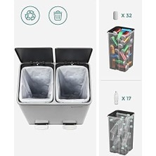Gndz Store 2 Bölmeli Atık Ayırma Sistemli Pedallı Çöp Kovası, Atık Kovası, Mutfak Için, 2 x 24 L, Yumuşak Kapanmalı, Plastik Iç Kova, Pedallı ve Kulplu, Gümüş Rengi, LTB48NL