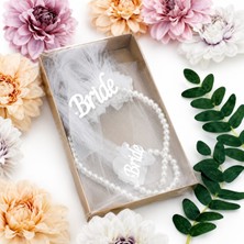 Borapack Bride Gümüş Yazılı Incili Set Taç ve Bileklik