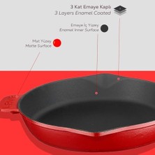 Gndz Store Lava Spring Serisi, Döküm Kızartma Tavası, Yuvarlak, 28 Cm, Mat, Parlak Siyah Taban, Kırmızı