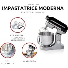 Gndz Store Ariete Mutfak Şefi Siyah Gri 1589/02 - Döküm Gövde, Mikser Yoğurma Makinesi, 1600 Watt, 11 Hız, 5,5 Lt Paslanmaz Çelik Hazne, Sıçrama Önleyici Kapak, 3 Hazne Aparat