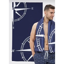 Elmas Dizayn Plaj Spor Banyo Havlusu Hızlı Kuruma Su Emici Kum Tutmaz Organik Premium Luxury Pamuk Yat Çapa Gemi Pusula Yön Mavi Beyaz