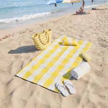 Homing Mini Yastıklı Sarı Kareli Plaj Örtüsü / Su ve Kum Tutmayan Kumaş