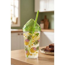 Herevin 660 cc  Kristal Kapaklı Renkli Ananas Desenli Pipetli Bardak