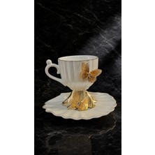 Çnr Home Collection Lüks Inci Çiçek Detaylı Kahve Fincanı Takımı | Gold Ayaklı Şık Türk Kahvesi Fincanı Kelebek