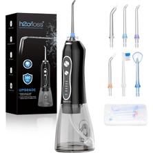 YF Tekstil Ambalaj H2OFLOSS Şarjlı Kablosuz Ağız Duşu, Hızlı ve Etkili Diş Arası Temizliği – 300 ml Su Hazneli, 5 Modlu, 6 Başlıklı, Ipx7 Su Geçirmez, Diş Taşı Temizliği (Siyah)