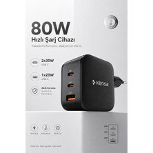 Kensa 80W Üç Portlu Usb-C Girişli Akıllı Hızlı Şarj Adaptörü