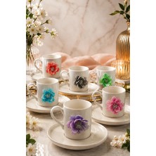 Yzhome 6 Kişilik Beyaz Porselen Renkli Lotus Lüks Kahve Fincan Takımı Seti 100ML