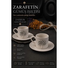 2 Kişilik Porselen Hayat Ağacı Platin Gümüş Kabartma Motif Kahve Fincan Takımı 100 ml