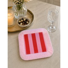 Karam Home Pembe Kırmızı Çizgili Püsküllü Kahve Sunum Peçetesi 15X15 cm