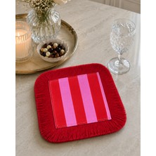 Karam Home Kırmızı Pembe Çizgili Püsküllü Kahve Sunum Peçetesi 15X15 cm