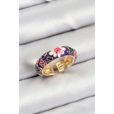 YF Tekstil Ambalaj Pirinç Mor Mineli Çiçek Motifli Gold Renk Ayarlanabilir Kadın Yüzük 5886 - YFTA167098-6996