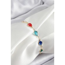 YF Tekstil Ambalaj Pirinç Gold Renk Karışık Renk Damla Zirkon Taşlı Kadın Bileklik 5886 - YFTA163048-8354