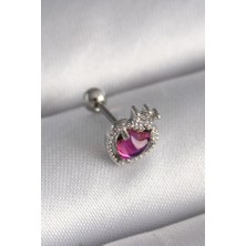 Lumina 316L Çelik Gümüş Renk Pembe Mineli Kalp Zirkon Taş Detaylı Taç Tragus Piercing