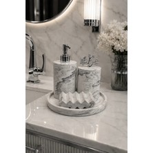 Bee Candle Home Mermer Desenli Katı Sabunluklu 5’li Banyo Seti - Gümüş Renk Pompa