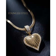 Stainless Steel 316L Çelik Gold Renk Zirkon Taşlı Büyük Kalp Model Kolye