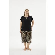 Sevim Kadın Büyük Beden Leopar Desenli Kısa Kol Kapri Pijama Takımı C3T9N671