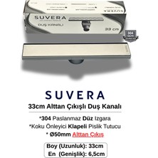 Suvera 33CM 304 Paslanmaz Izgaralı (Alttan Çıkışlı) Koku Önleyici Klapeli Duş Kanalı – Ø50MM Alt Çıkış - (Düz Izgara)