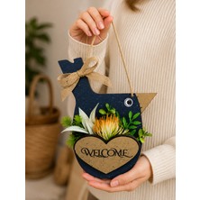Rosfloa Kuş Figürlü Welcome Kapı Süsü Yapay Çiçekli Ahşap Kapı Dekoru Ev Giriş Süsü (23 Cm)