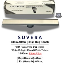 Suvera 40CM 304 Paslanmaz Izgaralı (Alttan Çıkışlı) Koku Önleyici Klapeli Duş Kanalı – Ø50MM Alt Çıkış - (Düz Izgara)
