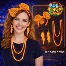 Belirtilmemiş 80’ler 90’lar Neon Turuncu Parti Seti – Kolye Küpe Taç