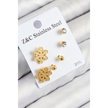 Lumina 316L Çelik Zirkon Taşlı Kar Tanesi Model Gold Renk Kadın Set Küpe