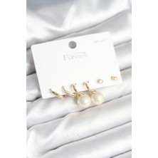 Lumina Gold Renk Pirinç 925 Ayar Gümüş Çivili Kadın Küpe Seti