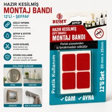 Bumy 12'li ŞEFFAF Hazır Kesilmiş Çift Taraflı Montaj Bandı 30mm x 25mm Güçlü Cam Ayna Mutfak Banyo Bantı