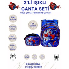 Burkay Çanta Örümcek Adamlı Işıklı Desenli 2'li Takım Mavi Renkli Ortopedik İlkokul Çantası
