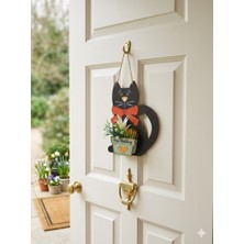 Rosfloa Kedi Figürlü Kapı Süsü Yapay Çiçekli Ahşap Kapı Dekoru Ev Giriş Süsü (23 Cm)