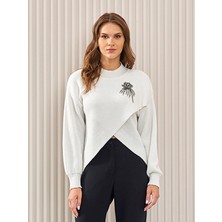 Unique Mode Minimalist Taş Detaylı Crop Kazak