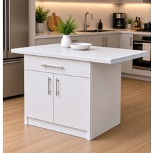 T Designo Korn Mutfak 1 Çekmeceli 2 Kapaklı Mutfak Adası-Alt Modül 130 cm - Çok Amaçlı Dolap -Beyaz Laminat Tezgah Dahil
