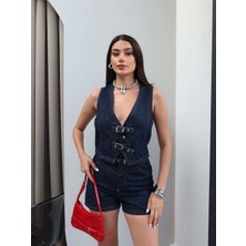 Esra Helvacı Denim Çift Kemerli Yelek Şort Takım