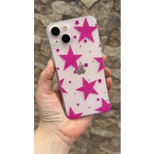 Vip Case iPhone 13 Uyumlu Pembe Renkli Yıldız Desenli Şeffaf Darbe Emici Kamera Korumalı Clear Kılıf