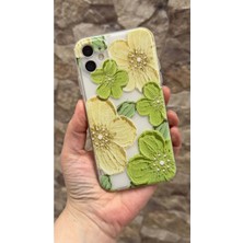 Vip Case iPhone 11 Uyumlu Yeşil Çiçek Desenli Şeffaf Darbe Emici Kamera Korumalı Clear Kılıf