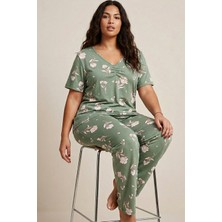 Siyah İnci Yeşil Desenli Büyük Beden Battal Boy Viskon Örme Pijama Takım