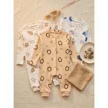 Noone 3'lü Bebek Uzun Tulum Seti | Penguen & Ayıcık | %100 Pamuk Rib | Unisex