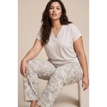 Siyah İnci Taş Rengi Desenli Büyük Beden Battal Boy Viskon Örme Pijama Takım