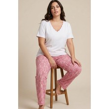 Siyah İnci Ekru Desenli Büyük Beden Battal Boy Viskon Örme Pijama Takım